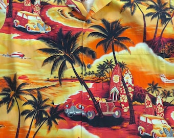 Hawaiian Shirt from Royal Creations, Made in Hawaii, Yellow Orange Red Tropical Print Cotton with Surf Boards Woodies Vintage Cars, size XL
