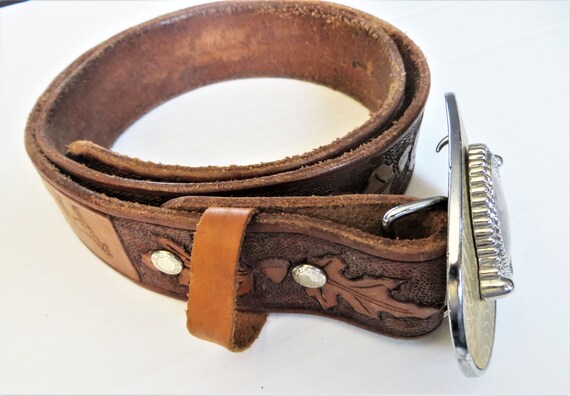 Western Tooled Leather Belt with Decorative Agate Buckle Vintage Cowboy Belt - Agate Belt Buckle - Love! - Hand  main image 2