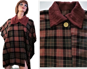 Wool Poncho Cape Rust Brown Gray Black Shadow Plaid, Cable Knit Collar, Big Button Cardigan Cape