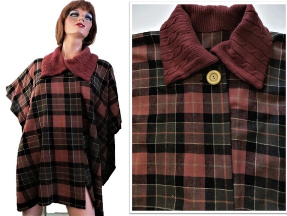 Wool Poncho Cape Rust Brown Gray Black Shadow Pla… - image 1