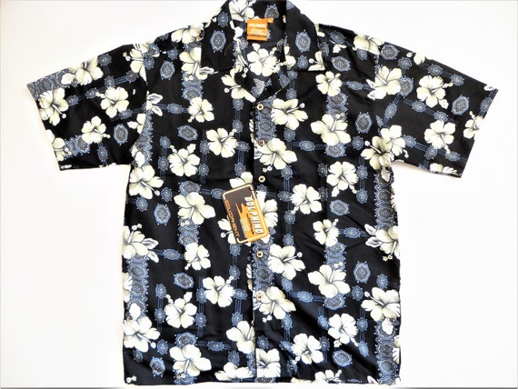 Deadstock Hawaiian Shirt, Black with Hibiscus Flo… - image 1