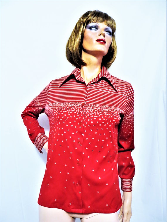 70s Long Sleeve Top, Red Stripes Polka Dots Print… - image 1
