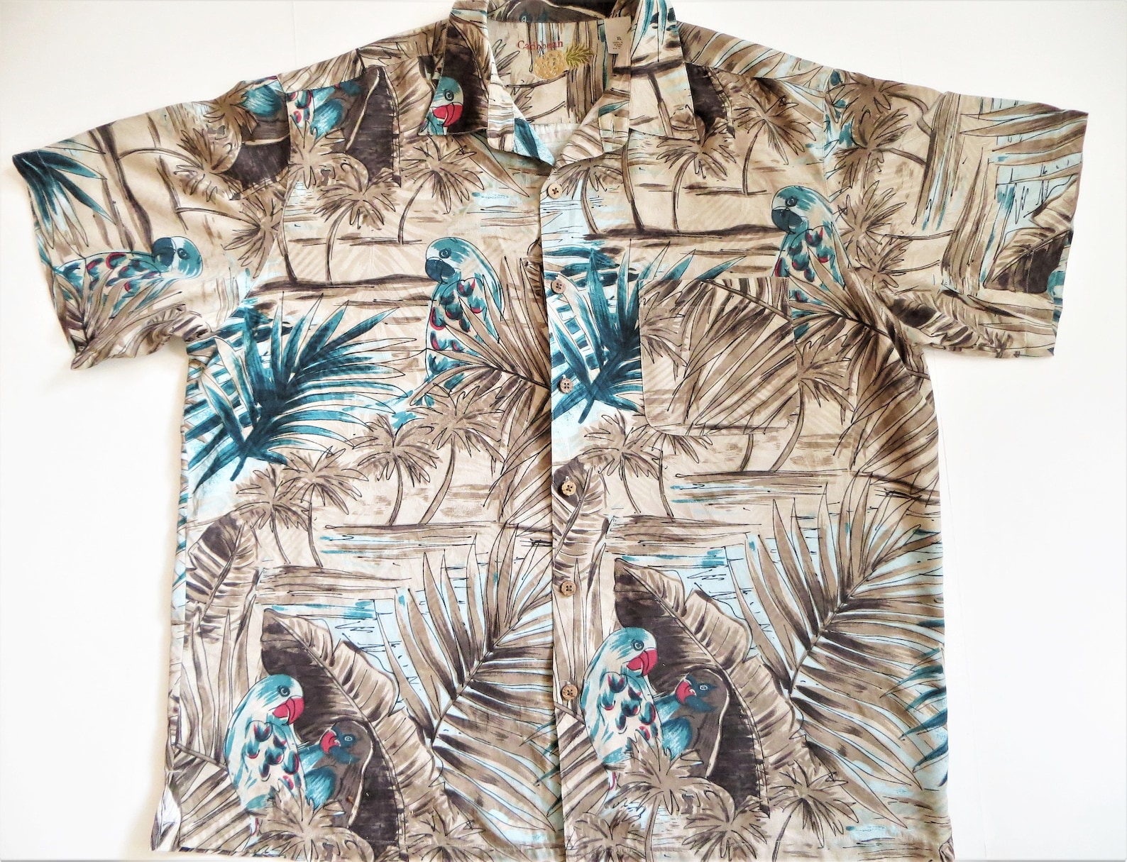 Silk Hawaiian Shirt XL, Parrots Palm Trees Teal Blue Brown Khaki