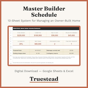 Hoja de cálculo para autoconstructores / Presupuesto de construcción de vivienda, diagrama de Gantt y seguimiento de desembolsos para Google Sheets / Excel