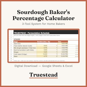 May include: A digital Sourdough Baker's Percentage Calculator 3-Tool System for Home Bakers. The spreadsheet displays a TRUESTEAD Fermentation Schedule with columns for stages, duration in hours, day, and time, compatible with Google Sheets and Excel.