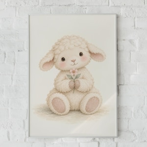 Könnte beinhalten: Ein gerahmter Kunstdruck mit einer Aquarellillustration eines flauschigen, cremefarbenen Lamms, das sitzt. Das Lamm hat große dunkle Augen, rosa Wangen und hält eine kleine rosa Blume mit grünen Blättern zwischen seinen Vorderpfoten.