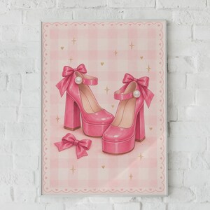 Poster mit rosa Plateau-Heels im Vintage-Stil, Wandbild mit Schleifenschuhen, verspielte, mädchenhafte Dekoration