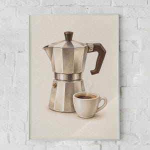 Puede incluir: Una cafetera italiana de metal plateado con asa y pomo de color marrón oscuro, situada junto a una pequeña taza de cerámica de color blanco roto llena de café negro. La ilustración presenta sombras suaves y un fondo claro y neutro.