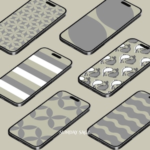 Puede incluir: Seis teléfonos inteligentes dispuestos en una cuadrícula, cada uno con un patrón de fondo de pantalla digital diferente en tonos verde salvia, gris y blanco. Los patrones incluyen flores, círculos, rayas, delfines y ondas. El texto SUNDAY SAGE es visible.