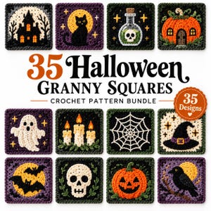 May include: A collection of 35 Halloween granny squares crochet pattern bundle featuring square motifs of a haunted house, black cat, potion bottle, pumpkin house, ghost, candles, spider web, witch hat, bats, skull, jack-o'-lantern, and raven.