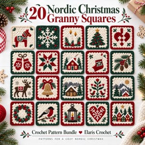Op de afbeelding: Een verzameling van 20 vierkante haakpatronen met Scandinavische kerstmotieven, waaronder een Dala-paard, sneeuwvlokken, kaarsen, een boom, een hart, wanten, een huis, een kerstsok, dennentakken, een rendier, een bel, bergen, vogels, een krans, een vogel, een lantaarn en een dorp.