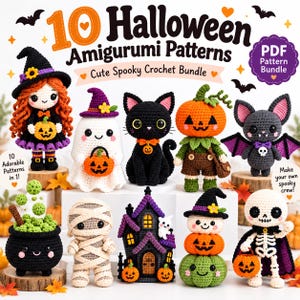 Può includere: Un pacchetto di modelli PDF digitali intitolato 10 Halloween Amigurumi Patterns con disegni all'uncinetto di una strega, un fantasma, un gatto nero, un personaggio zucca, un pipistrello, un calderone, una mummia e uno scheletro.