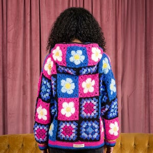 Crochet Granny Square Hooded Cardigan Pattern, Flower Power Motif Patchwork Sweater (PDF)
