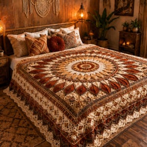 May include: A large, intricate crochet bedspread featuring a central circular mandala pattern in shades of cream, tan, and deep rust. The design includes textured leaf-like motifs radiating outward, finished with a decorative scalloped lace border.