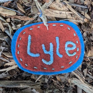 May include: An oval-shaped felt ornament featuring a rust-red center with the name Lyle embroidered in light blue thread. The ornament has a bright blue border with light blue decorative stitching and is attached to a string with small white beads.