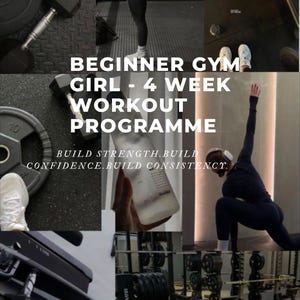 Può includere: Un collage digitale che mostra attrezzature da palestra come manubri, dischi e kettlebell, insieme a una borraccia e scene di allenamento. Il testo recita: BEGINNER GYM GIRL - 4 WEEK WORKOUT PROGRAMME. BUILD STRENGTH. BUILD CONFIDENCE. BUILD CONSISTENCY.