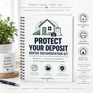 May include: A spiral-bound renter documentation kit titled Protect Your Deposit. The white cover features a house icon, a camera, and a checklist. Text includes Move-in + move-out checklists, photo logs & rental record pages, Document conditions, Stay organized, and Move out with confidence. Practical PDF Co. is printed at the top and bottom.