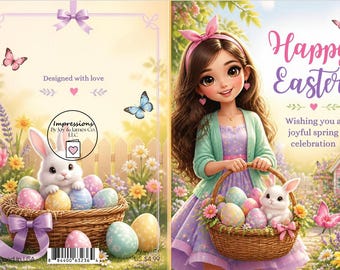 Happy Easter Greeting Spring Bunnies Eggs Flowers Butterflies (Digital Download) Instant Printable Card