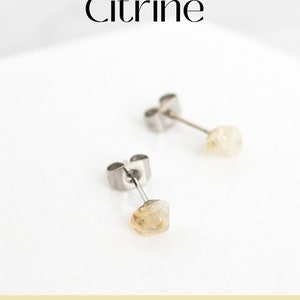 May include: A pair of silver stud earrings with small, raw citrine stones.