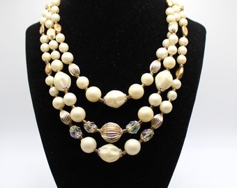 Vintage Multi Stand AB Necklace Signed Japan Beaded Three Layers | Creme Aurora Borealis Crystal Acrylic Pearl Gold Estate Jewelry