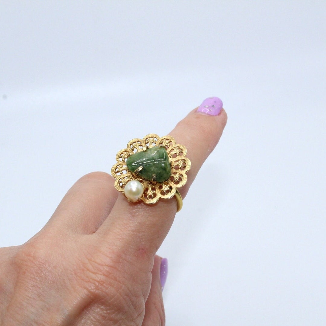 Mid-century Upcycle Green Agate Faux Pearl Ring Vintage - Etsy