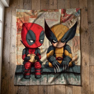 Manta Deadpool Wolverine, Cobertor de lã estilo chibi de super-herói, Manta inspirada em quadrinhos da Marvel, Presente para fã de super-heróis, Decoração para quarto com tema de quadrinhos