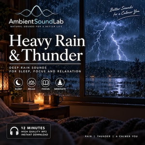 Puede incluir: Un archivo de audio digital titulado Heavy Rain & Thunder de AmbientSoundLab. La imagen muestra una escena nocturna lluviosa con relámpagos sobre un lago, vista a través de una ventana. El texto incluye Better Sounds for a Calmer You, 12 Minutes e iconos para dormir, relajarse, concentrarse y meditar.
