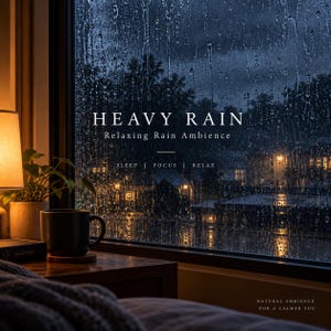 May include: A dark room with a window showing heavy rain at night. A lamp, a potted plant, and a black mug sit on a wooden surface. Text reads: HEAVY RAIN, Relaxing Rain Ambience, SLEEP | FOCUS | RELAX, and NATURAL AMBIENCE FOR A CALMER YOU.