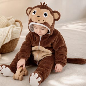Può includere: Una tutina in peluche con cappuccio color marrone e beige a tema scimmia, dotata di chiusura frontale con zip, maniche lunghe e piedini integrati con dettagli a forma di cuscinetti bianchi. Il cappuccio presenta tratti del viso da scimmia.