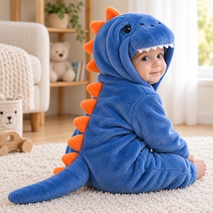 Könnte beinhalten: Ein weicher, blauer Plüsch-Einteiler mit einer Dinosaurier-Kapuze, die eine Reihe leuchtend oranger Stacheln entlang des Rückens und Schwanzes aufweist. Die Kapuze zeigt ein Dinosauriergesicht mit weißen Zähnen und der Stoff ist flauschig.