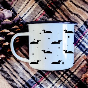 Loon Mug // Cabin Camp Mug for Outdoors, Camping, Hiking, Lake // Loon Lovers Patterned Coffee Mug Campfire Gift // Enamel Camp Mug MN