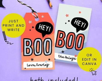 Add Your Name Halloween Printable Favor Tags 2"x3.5" // DIY Last Minute Trick or Treat, Boo Box // Hey Boo Cute Fun Halloween Download