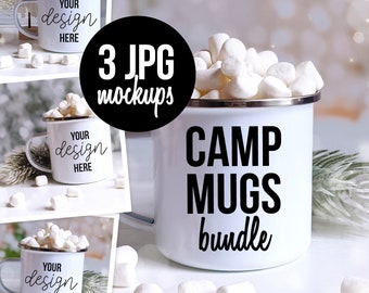 Magical Christmas Camp Mug with Marshmallow Mockup, JPG Bundle for Social Sharing // Winter, Holiday, Blank Cocoa Mug Photo Template