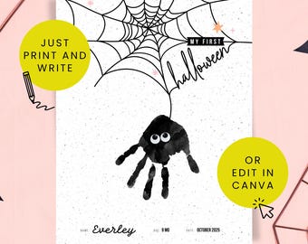 Baby's First Halloween Cute Handprint Keepsake // DIY Baby Spider Hand Print for 1st Halloween // Personalize in Canva Spiderweb 2025