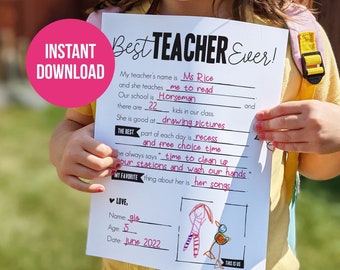 Teacher Appreciation Fill-In Card: Printable Interview Template (Digital Download)