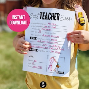 Cartão para impressão All About My Teacher // Entrevista escolar, modelo para preencher os espaços em branco // Cartão da semana de valorização do professor de crianças, alunos