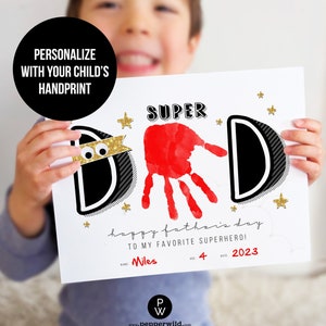 Día del Padre, huella de mano de mi superhéroe papá de hijo, niño, bebé // Primer día del padre // Tarjeta de feliz día del padre para mi superhéroe papá favorito