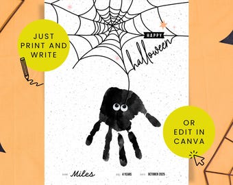 Halloween Spider Handprint Printable Keepsake // Edit in Canva DIY Kid's Hand Print Craft // Classroom, Preschool, School Project