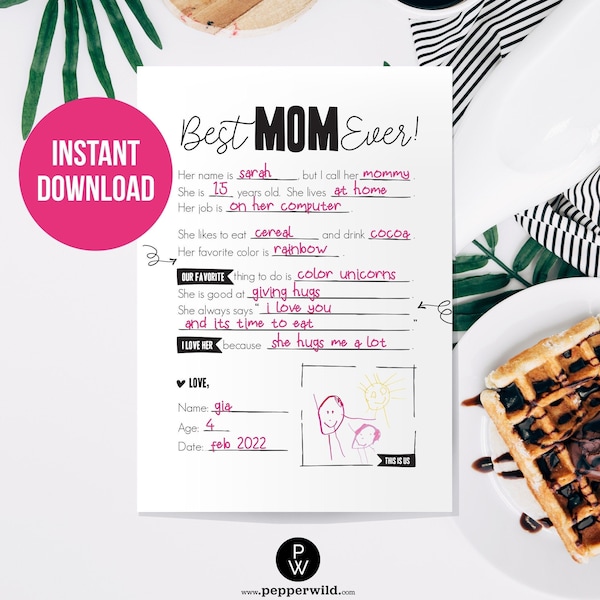 Mom's Birthday All About Mom Fill In The Blank Card // Cute Keepsake Activity Gift from Kids for Mother's Day // Printable Instant Download