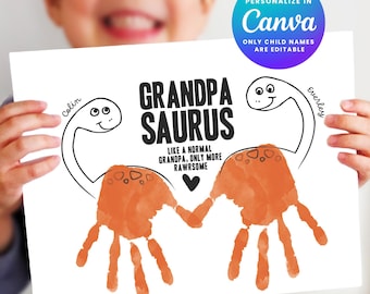 Grandpa Variations (Pops, Abuelo, Opa...) Dinosaur Handprint Card from Grandson, Instant Download, Print at Home, Edit Names in Canva