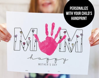 Arte con huellas de manos del Día de la Madre para mamá de niño // Regalo de recuerdo de último minuto para madre de parte de hijo, hija, bebé // Tarjeta impresa a mano de niños