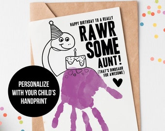 Dinosaur Birthday Card for Aunt: Kid's Handprint Art (Instant Download)