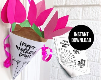 Mother's Day Flower Basket Template to Print at Home // Coloring Page Flowers for Mom from Kids // DIY Paper Crafts with Directions Download