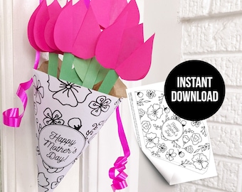 Mother's Day Flowers Paper Basket Template Printable // Kid Flowers Coloring Page for Mom // DIY Paper Crafts with Directions Download