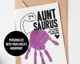 Aunt's Birthday Dinosaur Handprint Card from Kid, Nephew, Baby // Auntasaurus, Aunt Saurus Dino Printable Card // Kid's Hand Print Download