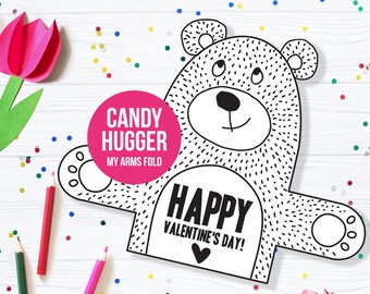 Valentine's Day Printable Bear Candy Hugger Cards // DIY School Classroom Valentine Cards for Friends // Kid Print at Home Vday Cards