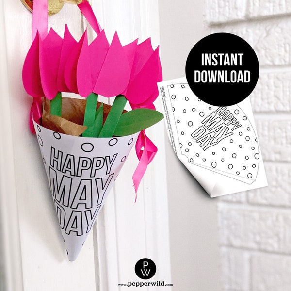 May Day 2024 Kids Printable Gift Basket // Quick and Easy DIY Paper Flower Basket from Kid // Coloring Page, Digital Print, Instant Download