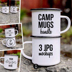 May include: Three white enamel camping mugs with black rims and text. The top mug says "CAMP MUGS bundle". The middle mug says "3 JPG mockups". The bottom mug has a space for a design.