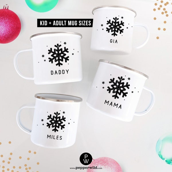 Matching Family Snowflake Mugs with Names // Custom Set of Mugs for Mom, Dad, Kids // Toddler Cocoa Cup with Name for Christmas Eve Basket