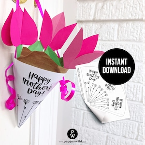Modèle de panier de fleurs pour la fête des mères à imprimer à la maison / / Coloriage de fleurs pour maman / enfants / DIY en papier avec instructions à télécharger